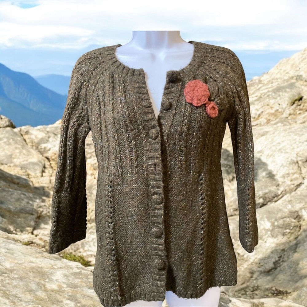 DKNY Brown 3/4 Sleeve Cardigan Mauve Rose & Leaf Accent-Size S